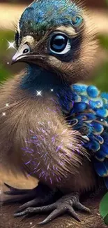 Cute peacock chick with blue feathers on a leafy backdrop.