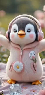 Adorable penguin wearing headphones in spring.