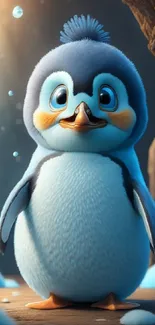 Adorable animated penguin in snowy scene.