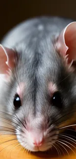 Close-up of a cute gray rat with pink ears and shiny black eyes.