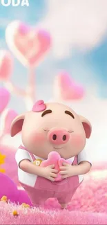 Cute cartoon piggy holding a pink heart on a dreamy pink background.