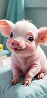 Adorable piglet smiling on a cushion.