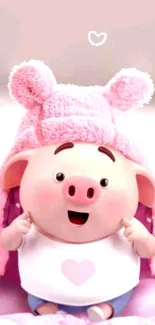 Cute piglet with pink fluffy hat and heart design on mobile wallpaper.