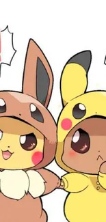 Cute Pikachu and Eevee in fun costumes for mobile wallpaper.