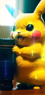 Cute Pikachu with a camera in a vibrant yellow background.