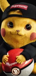 Adorable Pikachu wearing a stylish hoodie, holding a designer ball.