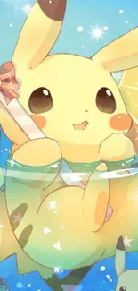 Adorable anime Pikachu relaxing in a glass with a cute, vibrant background.