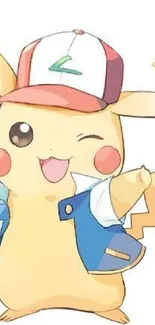 Pikachu winking with a red cap and blue vest on a white background.