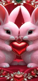 Two pink bunnies holding a red heart with floral decorations.