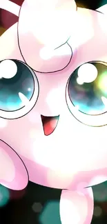 Adorable pink cartoon character with large sparkling eyes and a joyful expression.