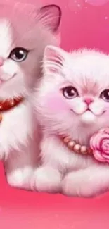 Adorable pink cat duo with floral accessories on a soft background.