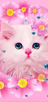 Adorable white kitten with pink flowers on a mobile wallpaper.