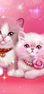 Adorable kittens with a pink background wallpaper.