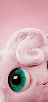 Adorable pink creature with big eyes on a fluffy background.