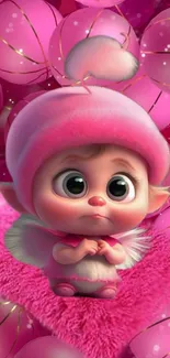 Adorable pink cartoon creature on vibrant fantasy background.