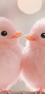 Two fluffy pink chicks facing each other cutely.