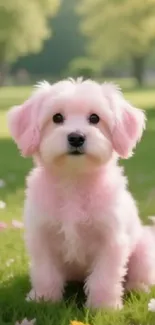 Adorable pink puppy sitting on grass with flowers.