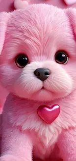 Cute pink puppy with heart pendant on pink background.