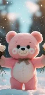 Cute pink teddy bear holding flowers in a snowy forest.