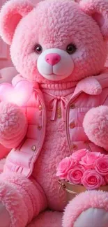 Pink teddy bear with heart and roses.