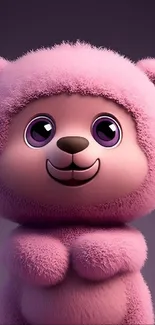 Adorable pink teddy bear with purple eyes on a fluffy background.