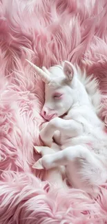 A cute unicorn rests on soft pink fur in a dreamy wallpaper.