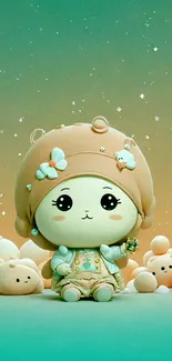 Cute cartoon character with pastel colors and stars in the background.