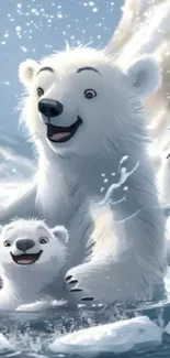 Playful illustrated polar bear family in icy waters.