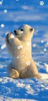 Cute polar bear cub playing in blue snowy landscape.