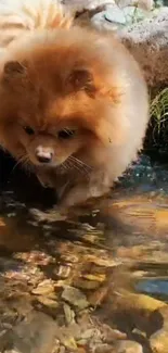 Fluffy Pomeranian exploring near a gentle stream.