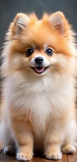 Smiling Pomeranian dog sitting on floor, with fluffy fur.