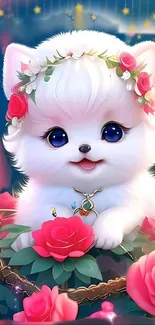 Cute cartoon puppy with roses and floral wreath.