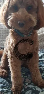 Adorable brown poodle sitting on bed with floral blanket.