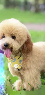 Cute poodle puppy with tongue out on green grass.