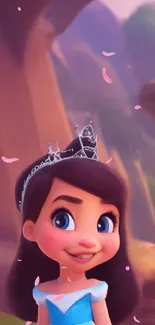 Cute princess with dark hair and blue dress in a whimsical cartoon setting.