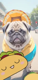 Cute pug dressed as a taco on a sunny street.