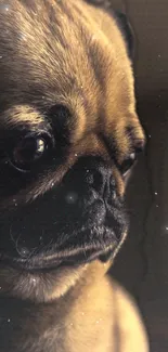 Close-up of a cute pug with a soft lighting effect.