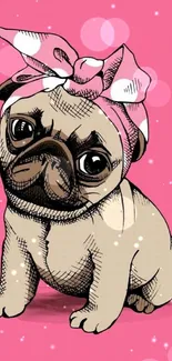 Cute sketched pug with pink bow on pink background wallpaper.