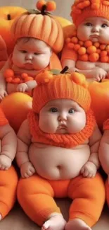 Adorable babies in pumpkin costumes with orange background.