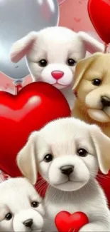 Adorable puppies with heart-shaped balloons wallpaper.