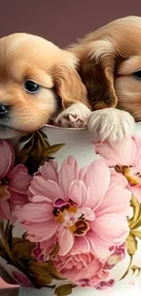 Two cute puppies in a floral teacup with pink flowers.