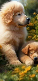 Two fluffy puppies lounging in a field of yellow flowers.