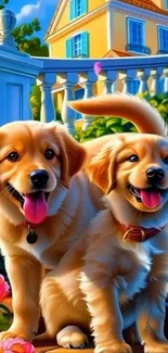 Two golden puppies in a colorful garden setting.