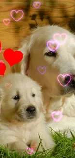 Adorable puppies resting on green grass with red hearts above them.