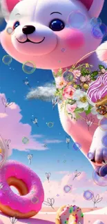 Adorable cartoon puppy with donuts in a dreamy sky background.