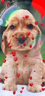 Adorable puppy with floating red hearts on a vibrant background.