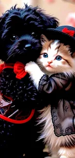 Adorable black puppy hugging fluffy white kitten in cute outfits.