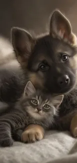 Puppy and kitten snuggling together on a soft bed.