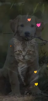 Adorable puppy and kitten with hearts wallpaper.