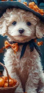 Adorable puppy wearing autumn hat surrounded by pumpkins.